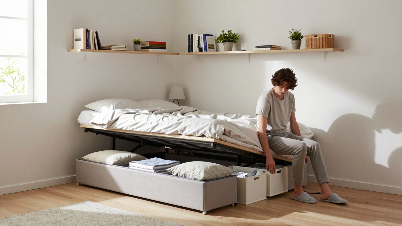 Persona sentada en una cama con almacenaje debajo, habitación luminosa con estantería y plantas decorativas.