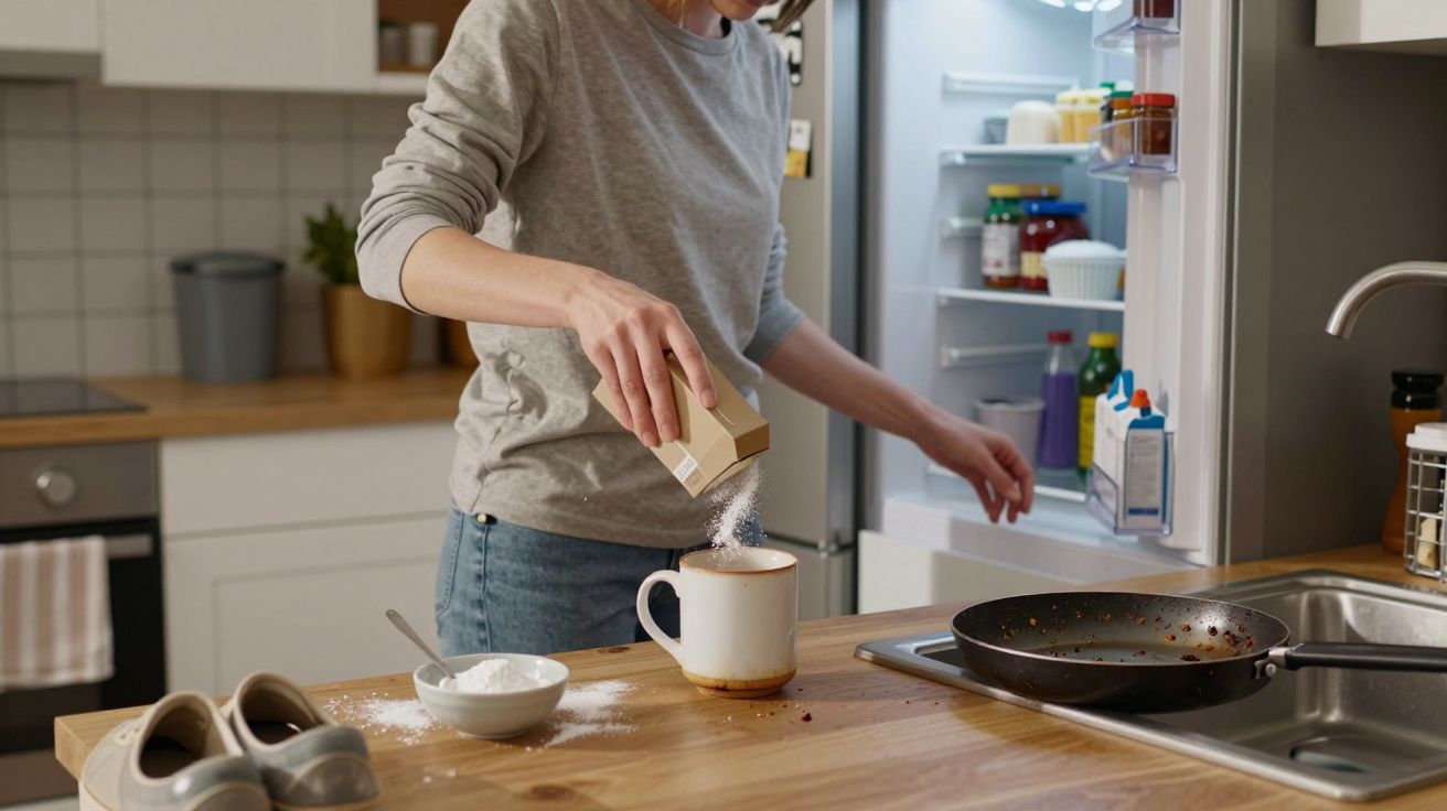 Persona vertiendo azúcar en una taza en una cocina ordenada, con una sartén y la nevera abierta al fondo.