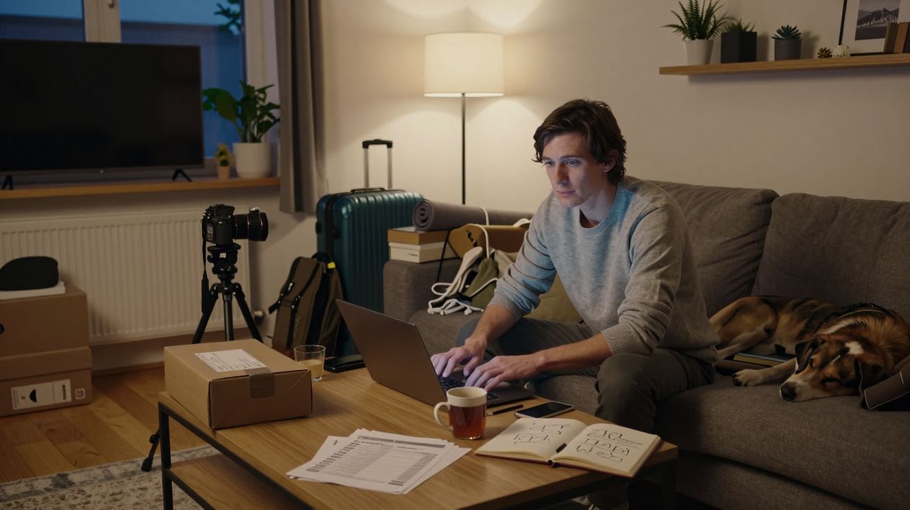 Persona trabajando en un portátil en el salón, con cámara, maletas y un perro en el sofá al fondo.