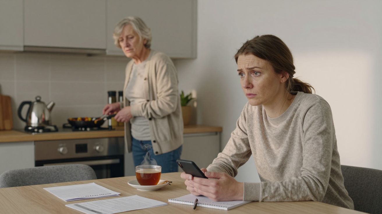 Mujer joven preocupada con móvil, mujer mayor cocinando en la cocina trasera.