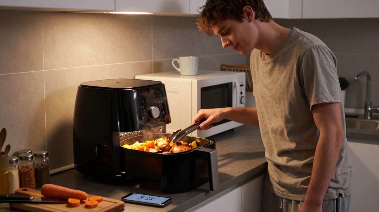 Hombre cocinando pollo y verduras en una freidora de aire en la cocina.