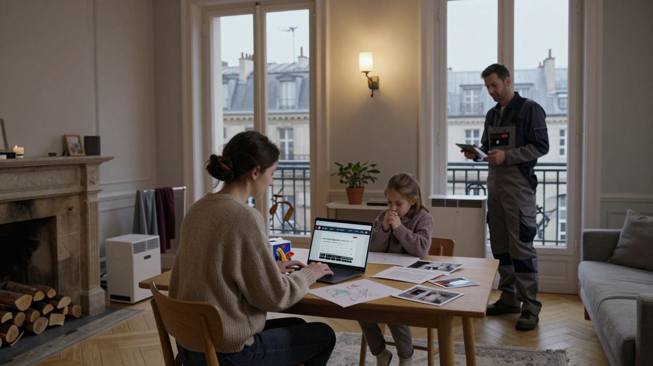 Mujer usando portátil en mesa con niña, mientras un hombre revisa documentos cerca de la ventana en una sala de estar luminos