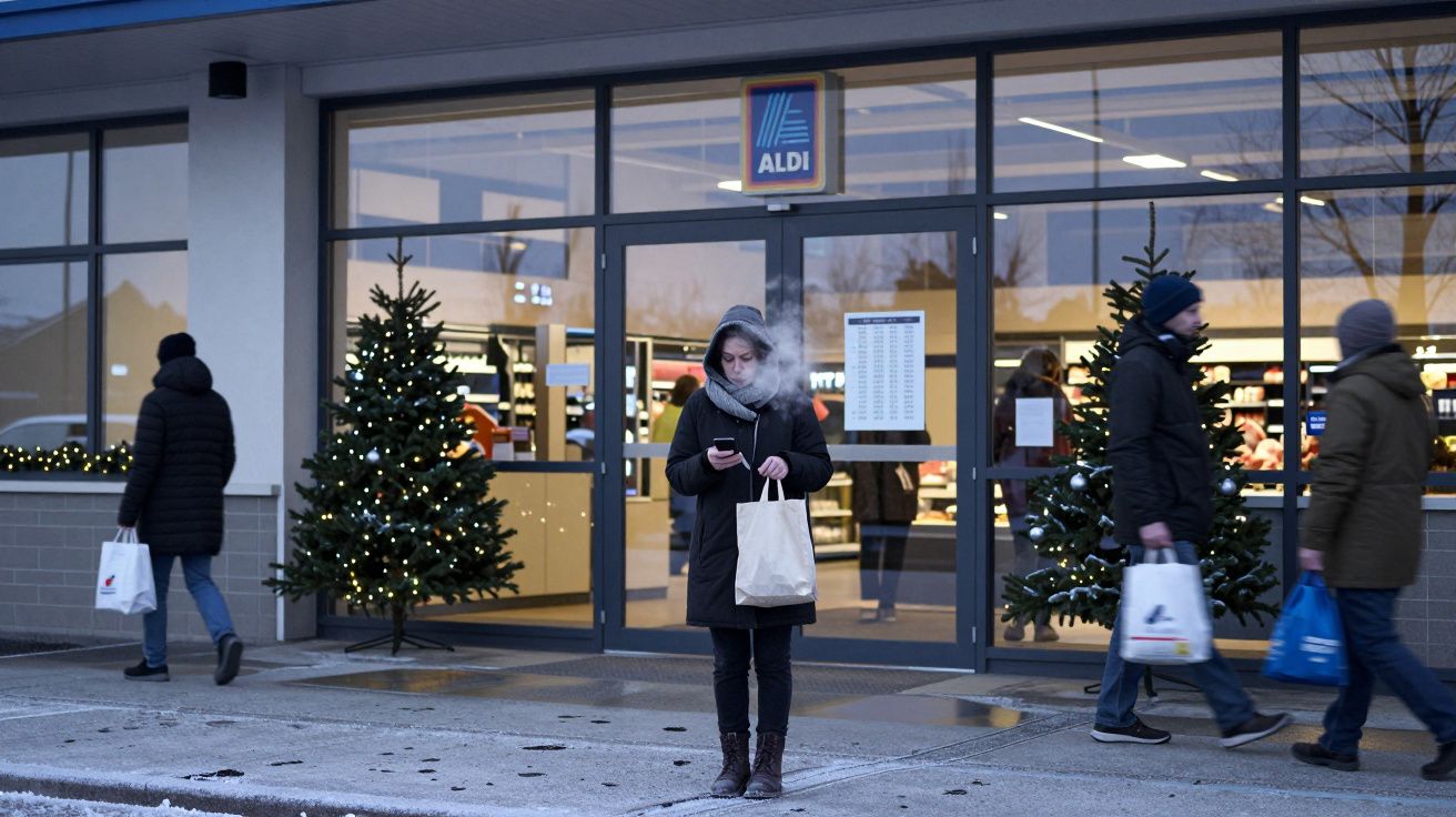 Persona con bolsa frente a supermercado Aldi decorado con luces navideñas, rodeada de más compradores.