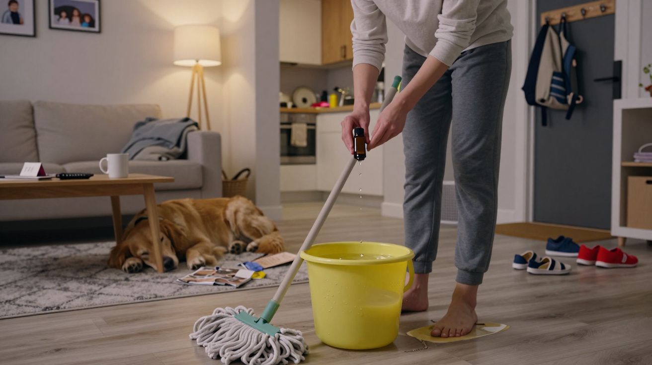 Persona en casa limpiando el suelo con un cubo y fregona; perro durmiendo en la sala junto a un sofá.