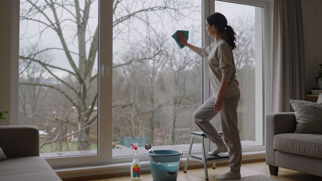 Mujer limpiando grandes ventanales con un paño azul y un cubo, de pie en un taburete dentro de una sala de estar luminosa.