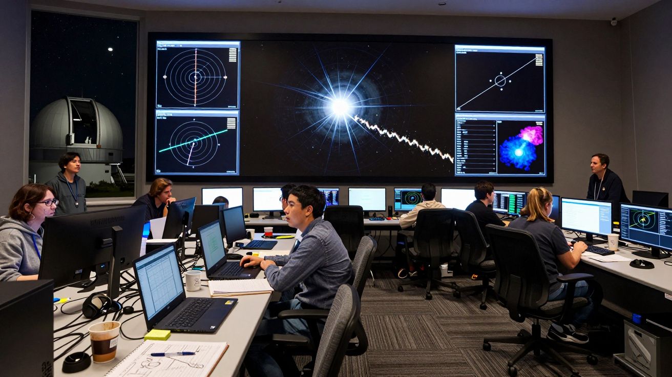 Personas trabajando en sala de control con pantallas de datos espaciales y un telescopio visible por la ventana.