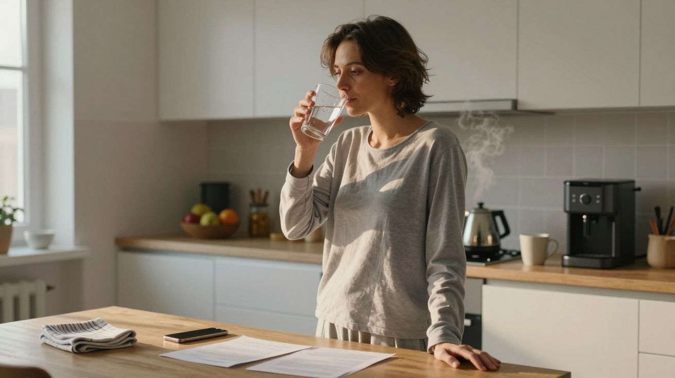 Mujer bebiendo agua en una cocina moderna, con una cafetera, frutas y documentos sobre la mesa.