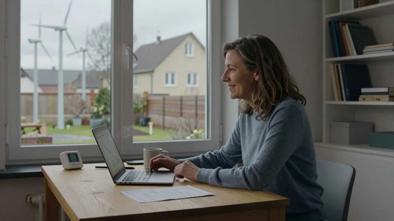 Mujer trabajando en portátil junto a la ventana, con vistas a casas y aerogeneradores en el exterior.