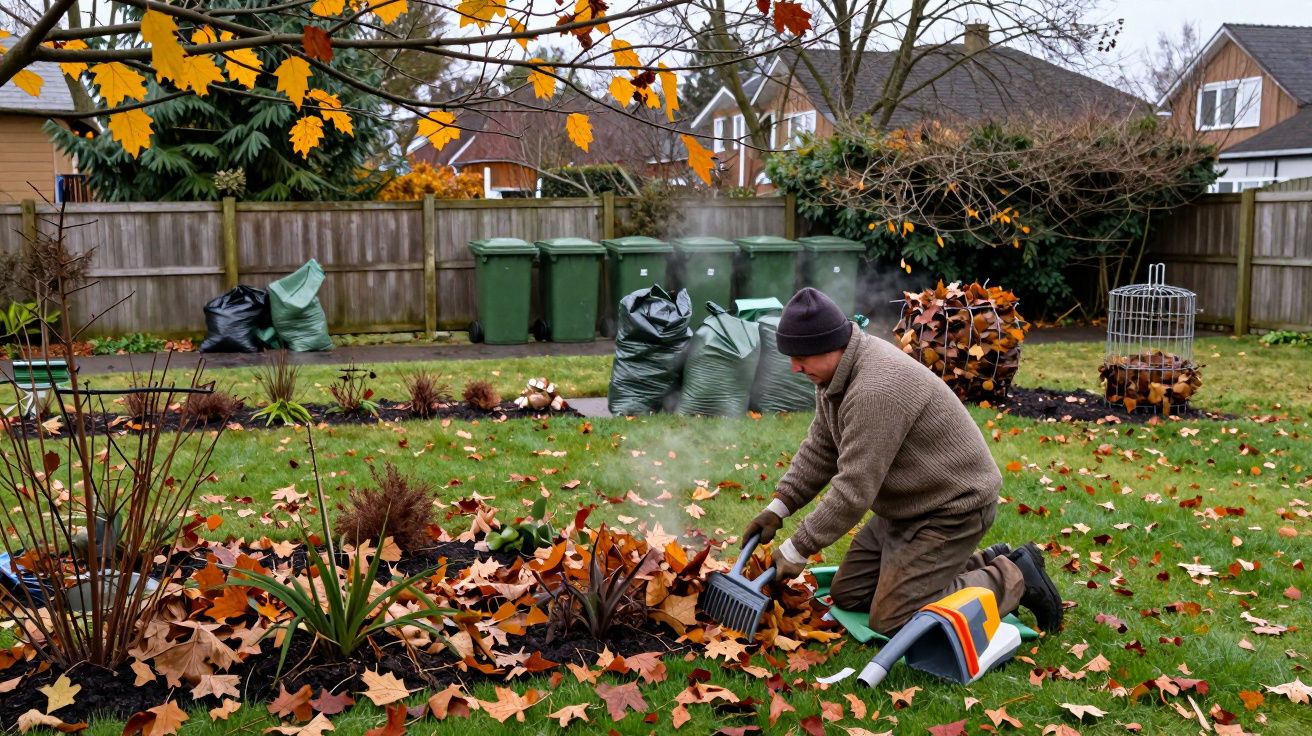 Persona jardinando en otoño, recogiendo hojas caídas en un jardín con árboles y bolsas de basura al fondo.