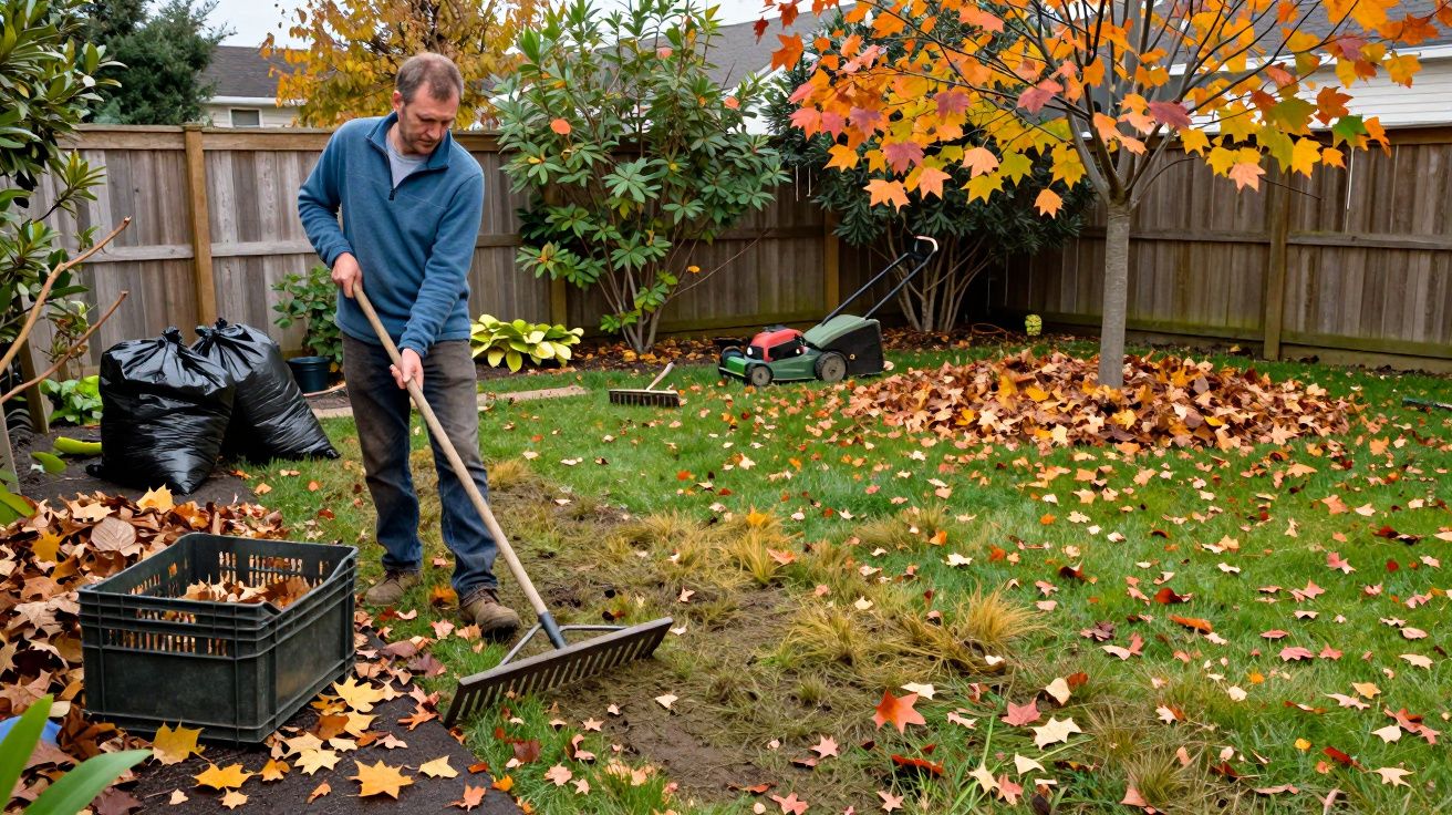 Hombre rastrillando hojas en un jardín durante el otoño, rodeado de árboles y bolsas de basura negras.
