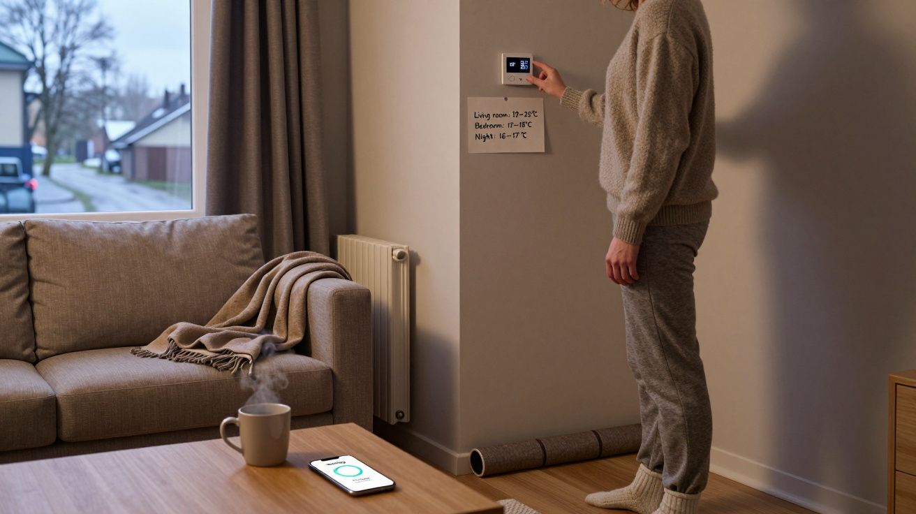 Persona ajustando termostato en salón moderno, sofá gris, móvil en mesa, ventana mostrando calle residencial.