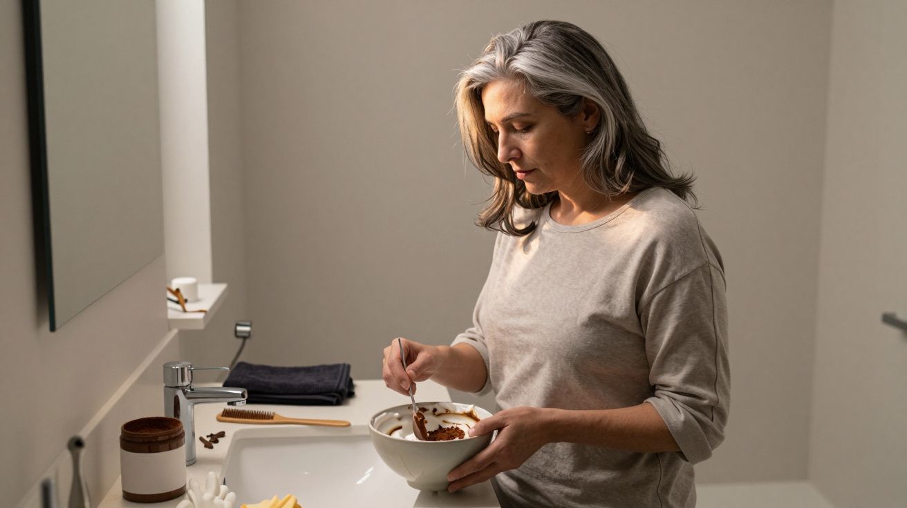 Mujer de cabello canoso en baño mezclando contenido en un bol blanco, junto a un lavabo con objetos de aseo.