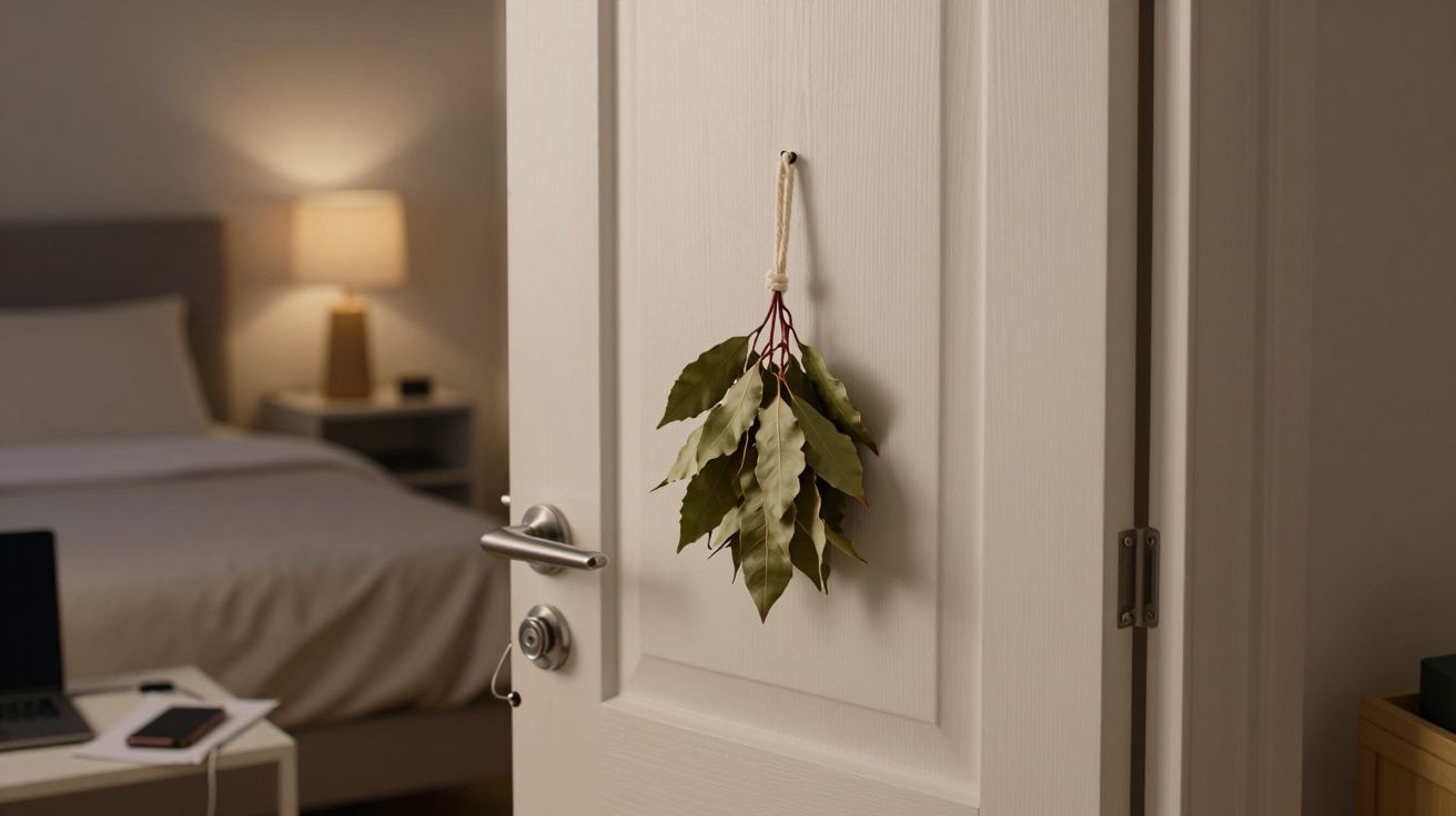 Puerta blanca entreabierta con hojas colgadas; habitación con lámpara encendida de fondo.