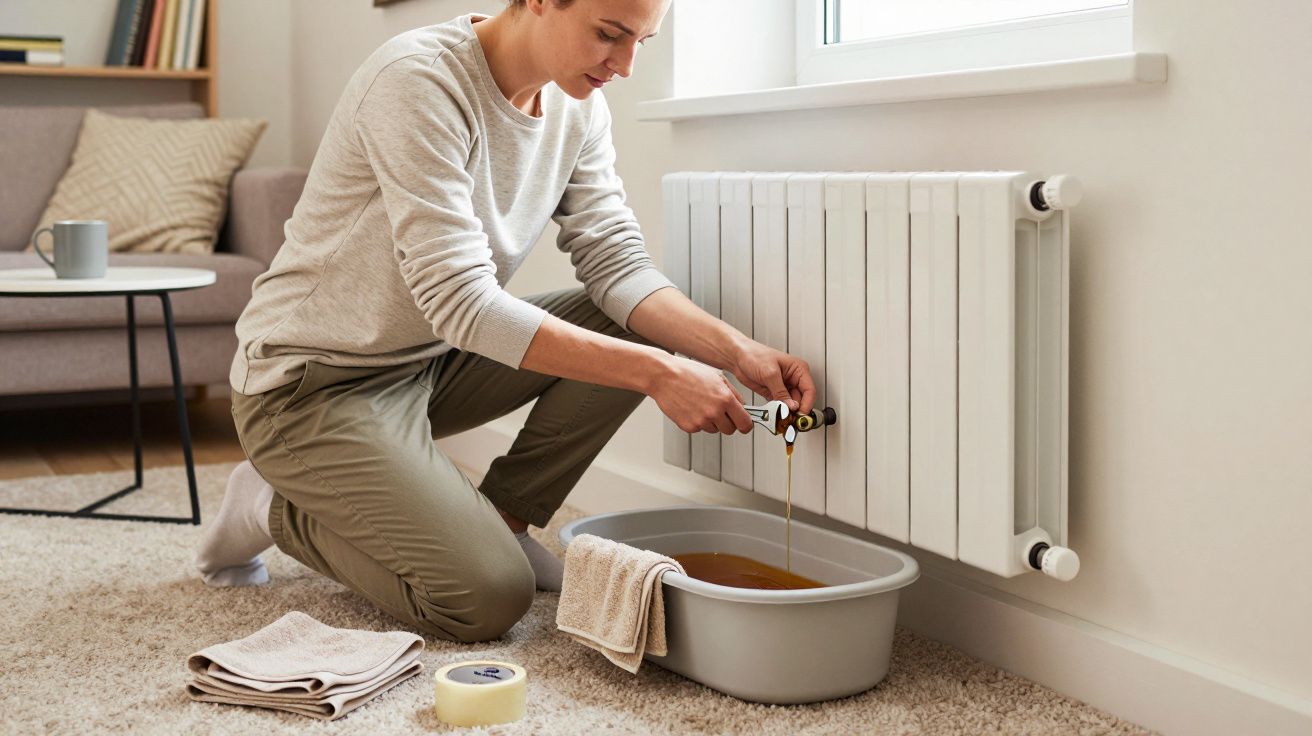 Persona purgando un radiador, recolectando agua marrón en un recipiente en una sala de estar con alfombra beige.