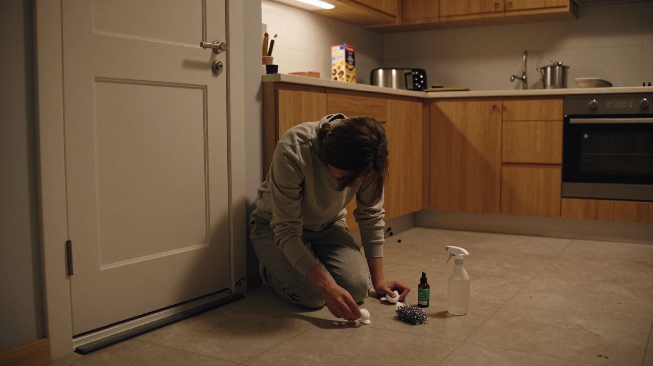 Persona limpiando el suelo de una cocina con un paño y productos de limpieza.