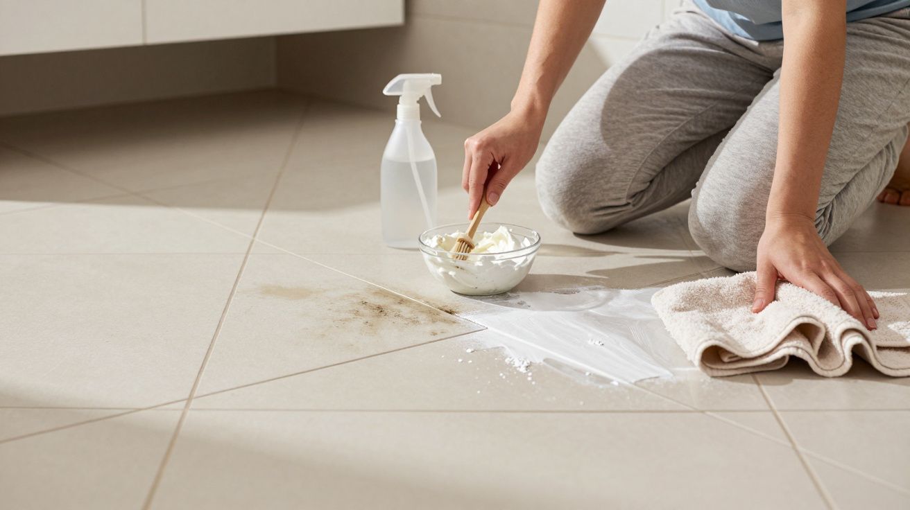 Persona limpiando baldosas con spray, cepillo y paño en superficie de suelo sucio.