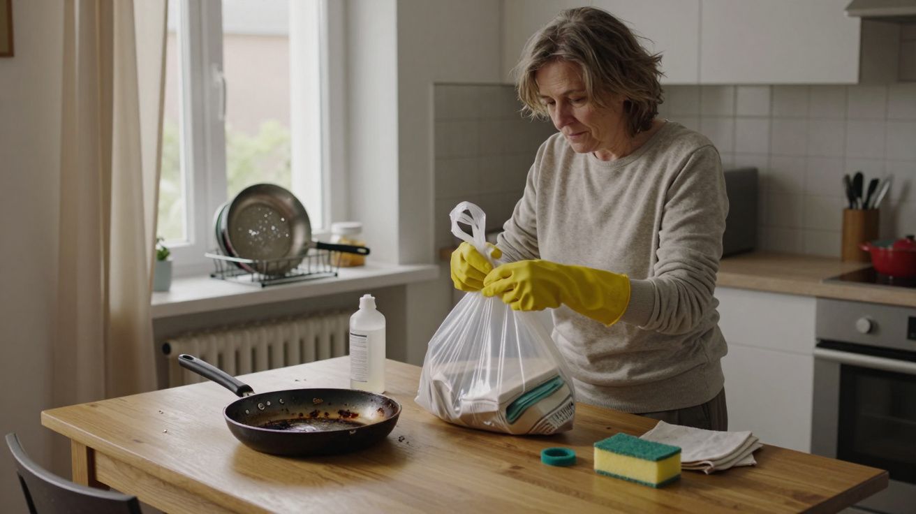 Mujer mayor con guantes amarillos cerrando una bolsa de basura en la cocina, junto a una sartén y esponjas.