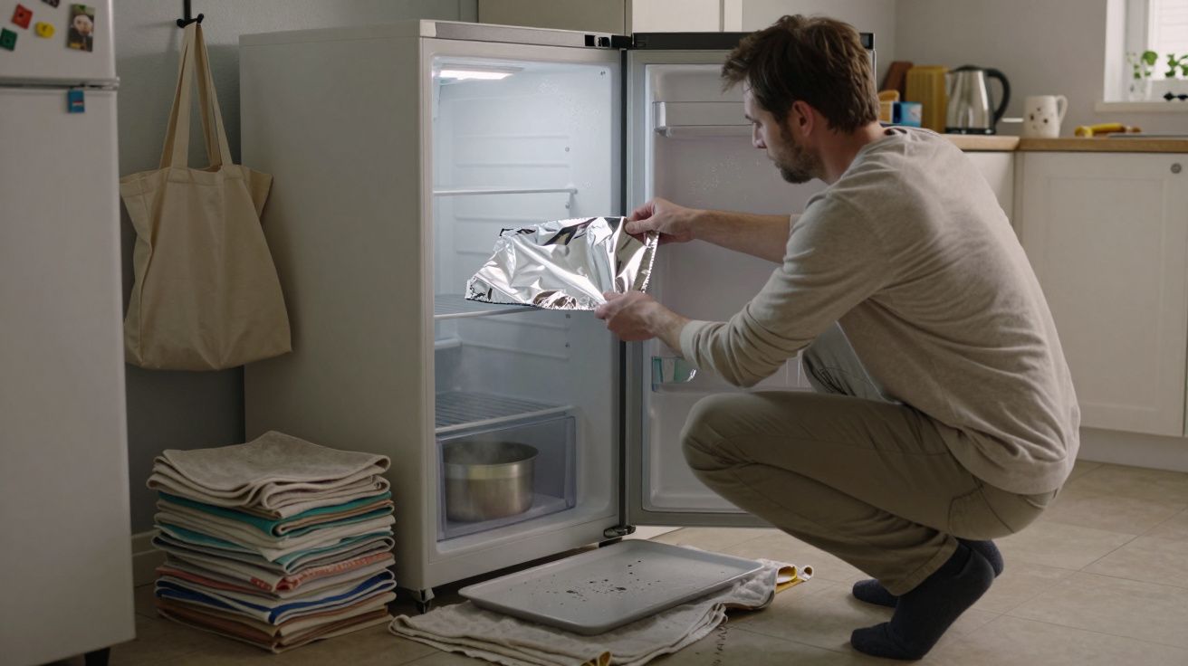 Hombre coloca papel de aluminio en el congelador; hay paños doblados en el suelo.
