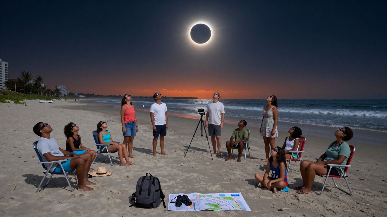 Personas observando un eclipse solar en una playa, con gafas de protección, sillas y equipamiento astronómico.