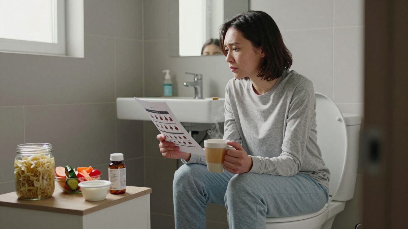 Persona sentada en un baño, leyendo un papel y sosteniendo una taza. Mesa con comida y medicamentos al lado.