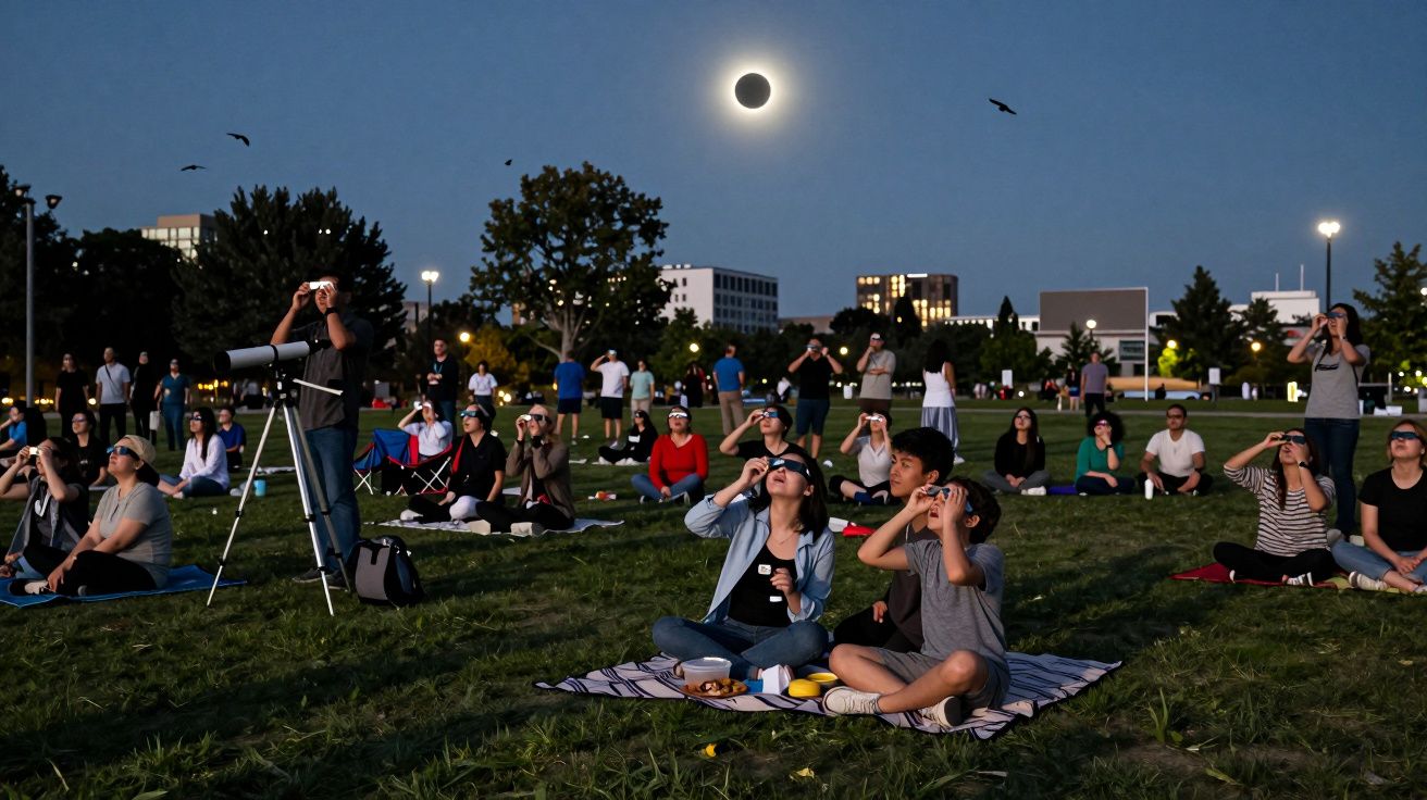 Personas observando un eclipse solar con gafas protectoras en un parque al anochecer.