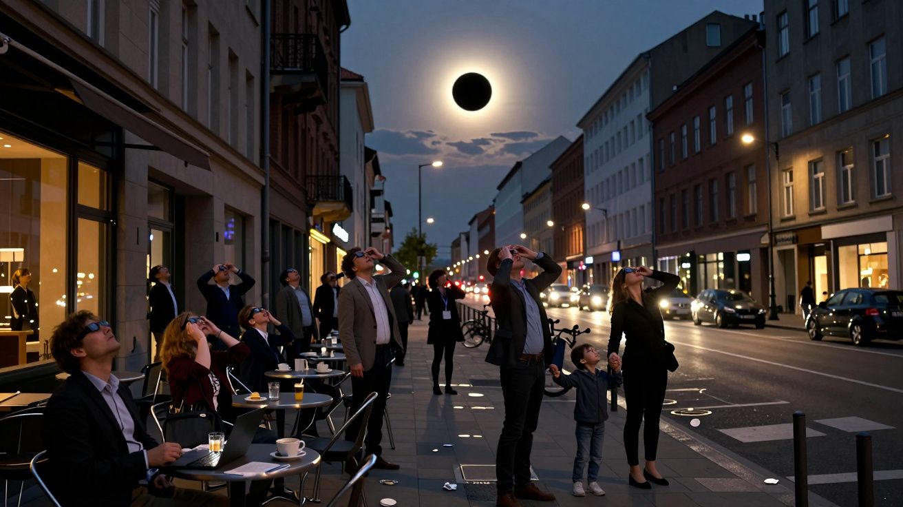 Personas observando un eclipse solar en una calle urbana, usando gafas especiales, durante el atardecer.