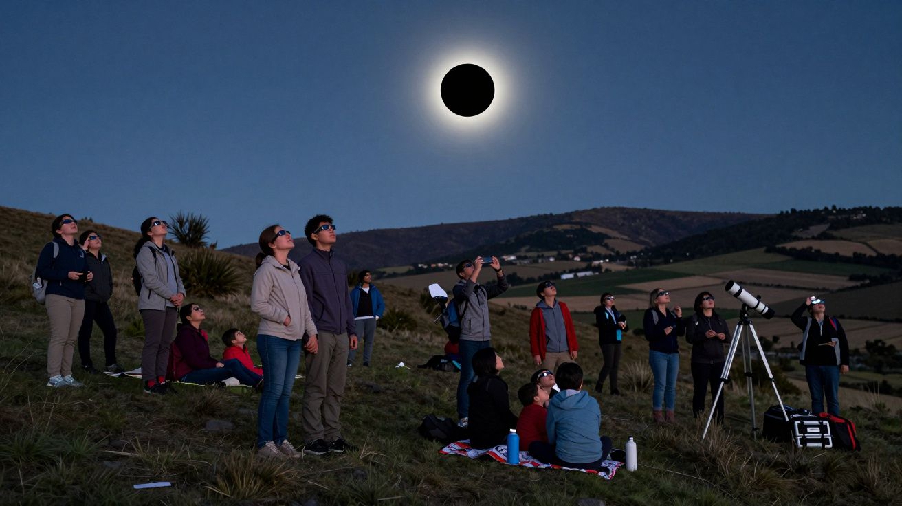 Personas observando un eclipse solar total en un paisaje campestre, usando gafas especiales y telescopios.