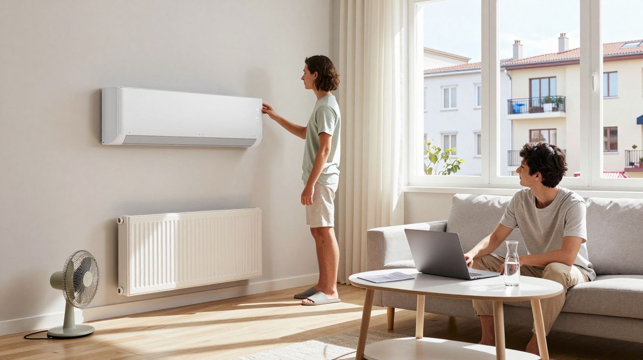 Dos personas en una sala luminosa; una ajusta el aire acondicionado mientras la otra usa un portátil en el sofá.