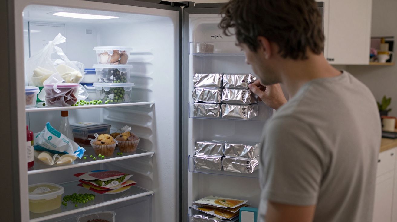 Hombre mirando el interior de un frigorífico lleno de alimentos organizados en cajones de plástico y papel de aluminio.