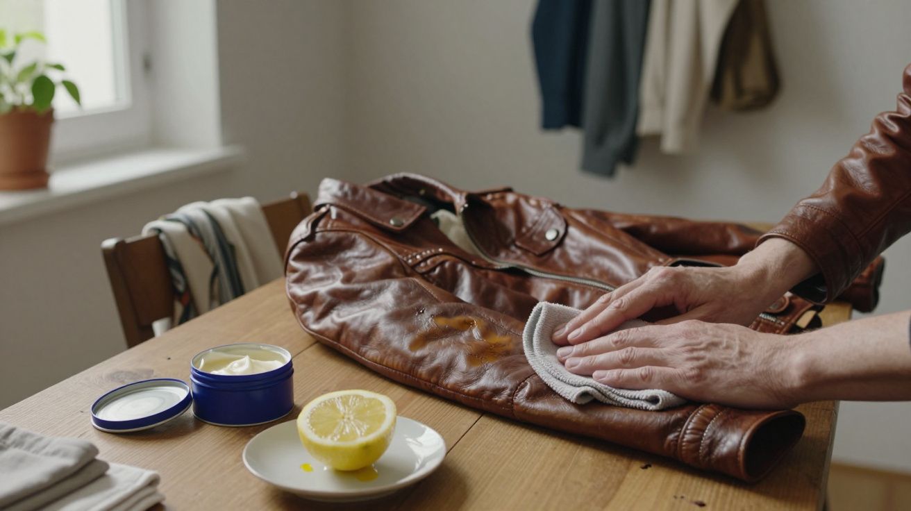 Persona limpiando una chaqueta de cuero marrón sobre una mesa con un paño, junto a medio limón y cera en un bote azul.