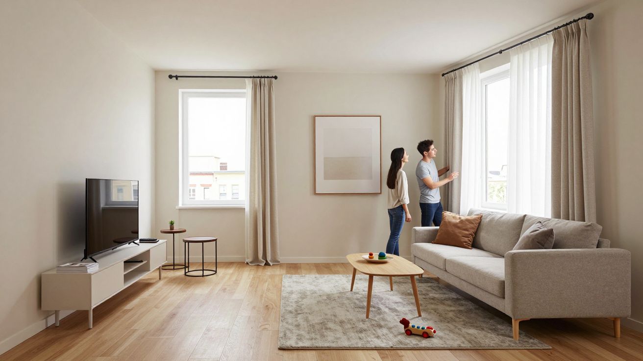 Sala de estar luminosa con sofá gris, televisor y dos personas mirando por la ventana.