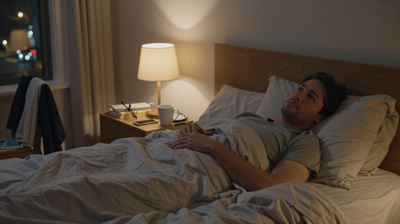 Hombre acostado en la cama, con luz tenue de lámpara de noche, mirándose al techo en un dormitorio tranquilo.