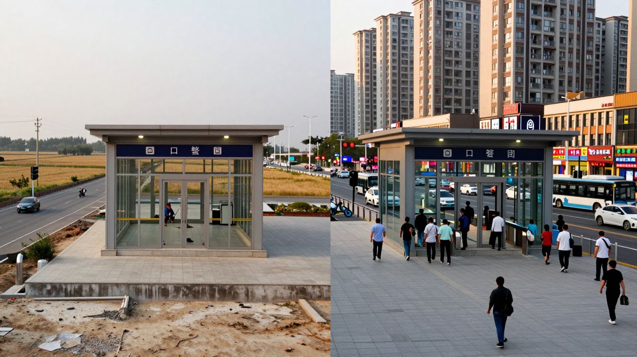 Dos imágenes de una entrada de metro, una en un entorno rural y otra en una zona urbana concurrida.
