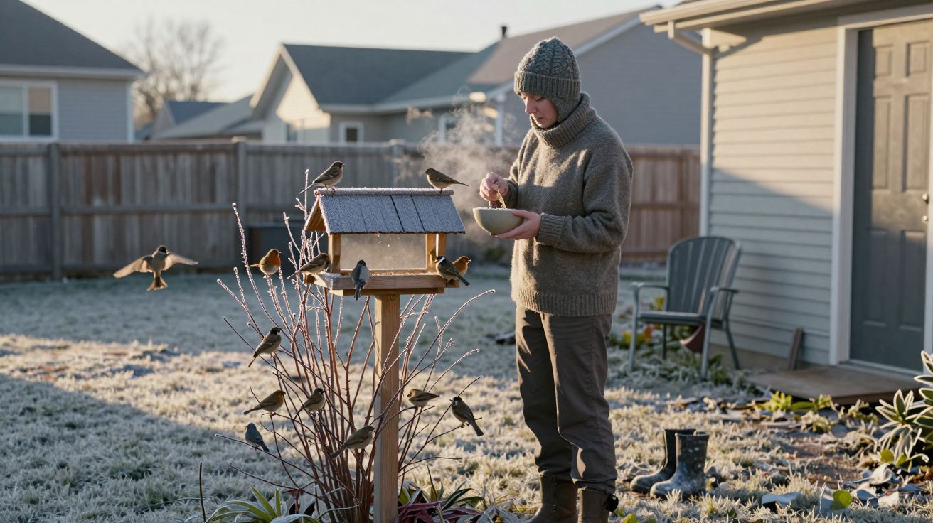 Hombre con gorro alimentando pájaros en un jardín helado junto a una casa con caseta de aves y botas en el suelo.