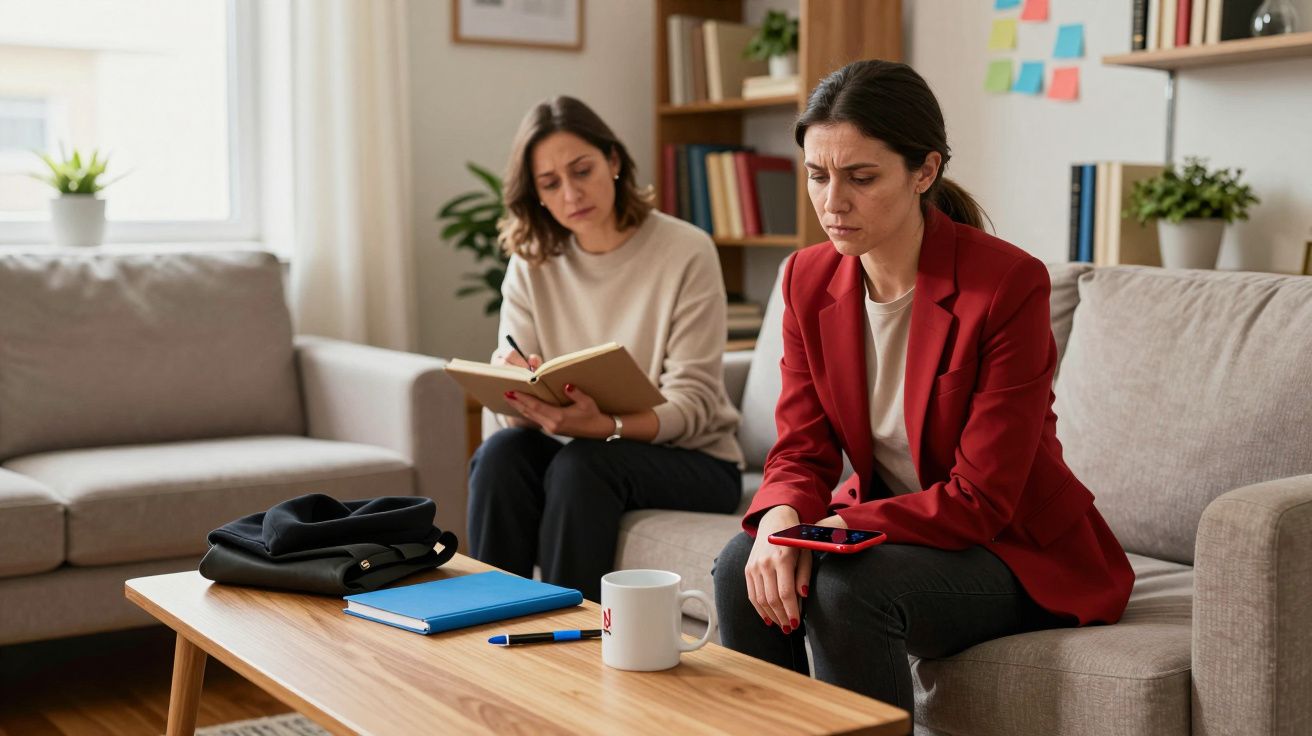 Dos mujeres sentadas en un sofá, una tomando notas y la otra con gesto pensativo, en un salón con libros y decoraciones.