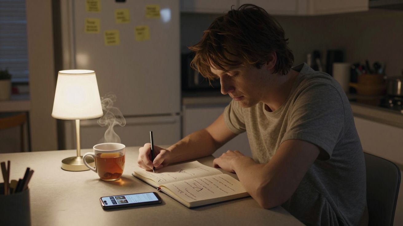 Hombre escribiendo en un cuaderno en la cocina con luz de lámpara, té y móvil sobre la mesa.