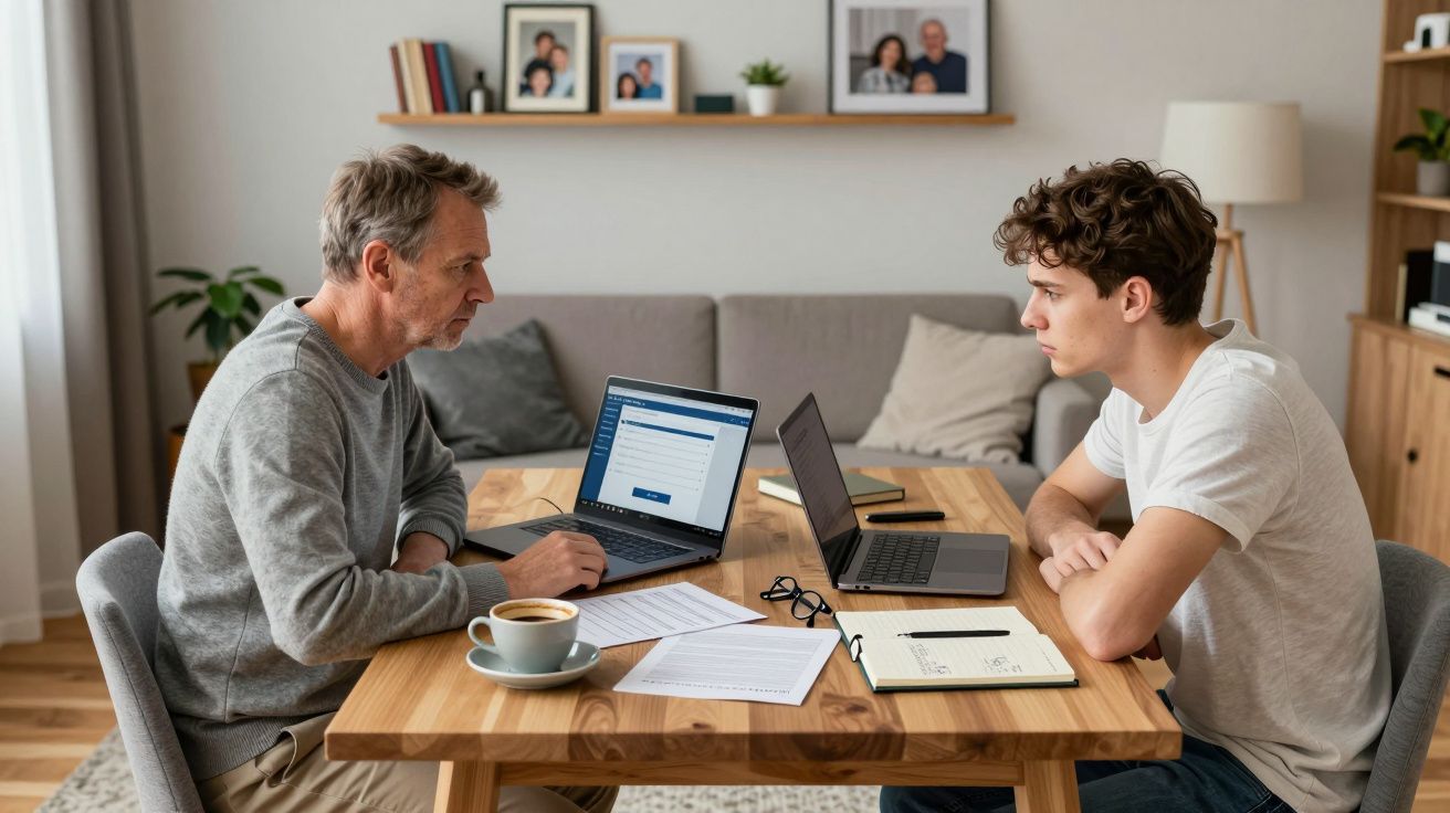 Hombre y joven sentados en una mesa con portátiles y documentos. Conversan en una sala de estar acogedora.