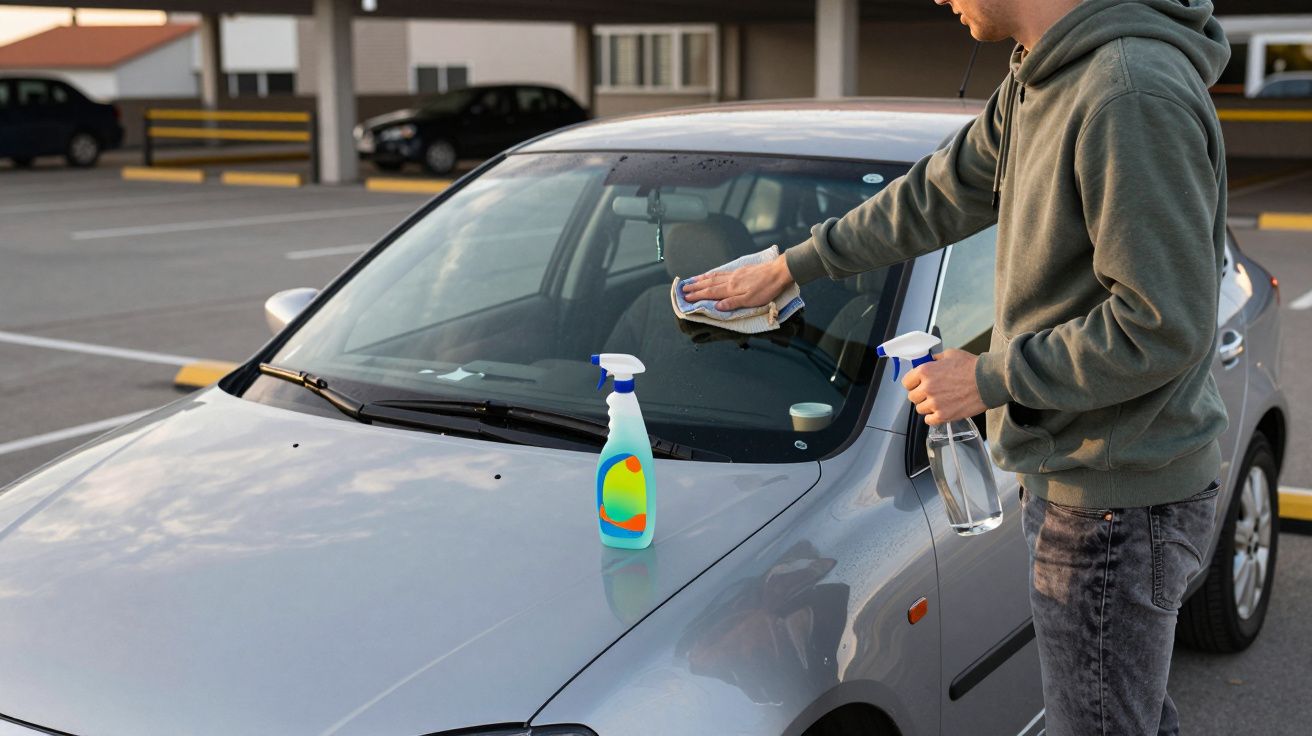 Persona limpiando parabrisas de un coche gris con espray y trapo en un aparcamiento.