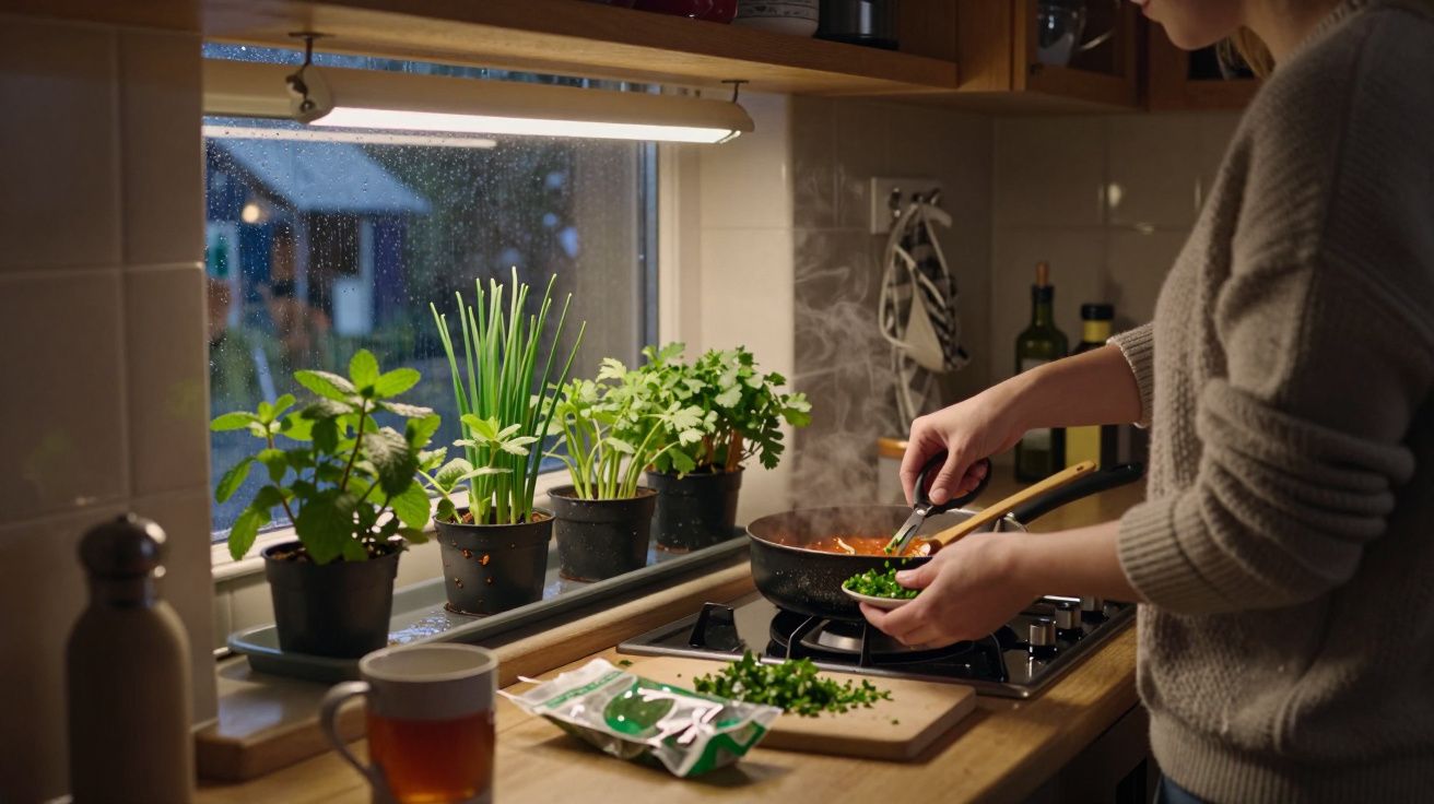 Persona cocinando junto a una ventana con plantas, añadiendo hierbas frescas a una sartén en la cocina.
