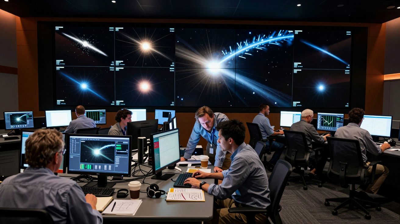 Personas trabajando en un centro de control espacial con grandes pantallas mostrando imágenes de estrellas y galaxias.