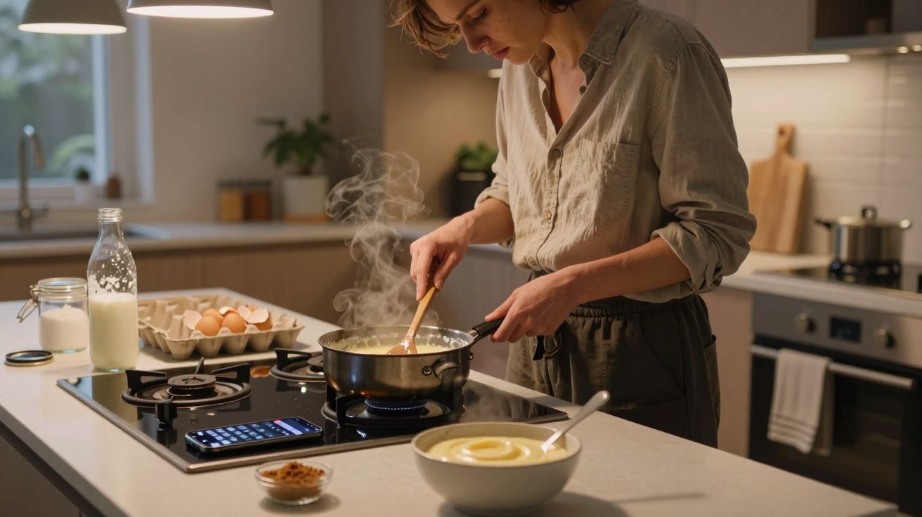 Persona cocina en sartén, removiendo el contenido. En la encimera, hay huevos, leche y un bol de puré de patatas.