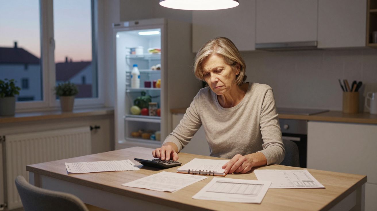 Mujer mayor revisando documentos con calculadora en la cocina, refrigerador abierto al fondo, iluminación tenue.