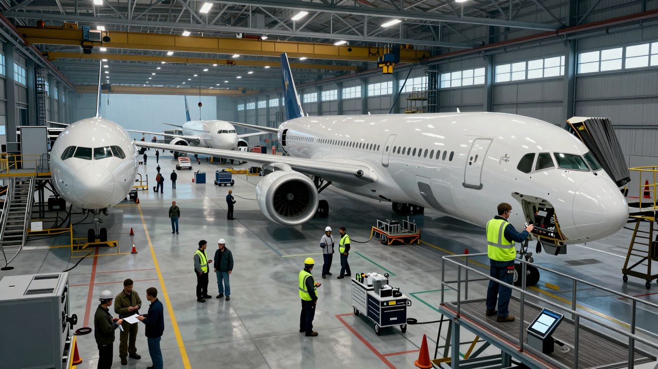 Aviones en un hangar siendo inspeccionados por trabajadores con chalecos de seguridad y cascos.