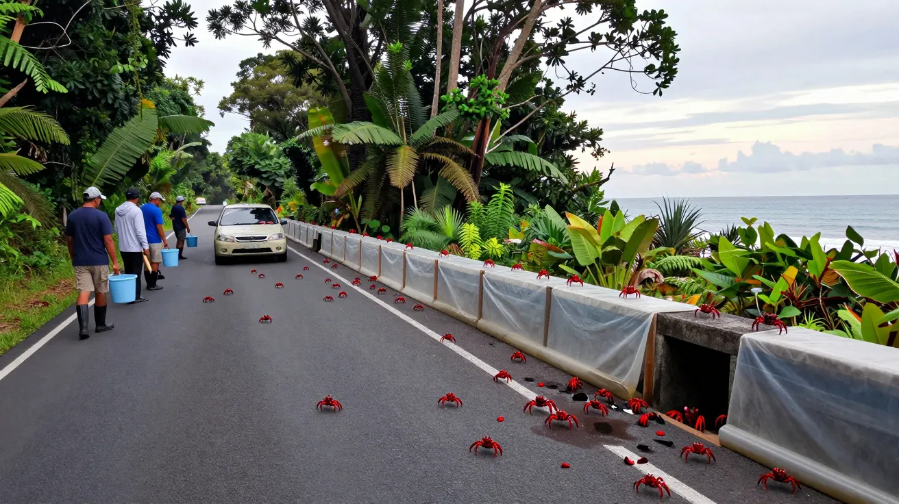 Carretera junto al mar con cangrejos rojos cruzando, coche y personas con cubos a un lado, rodeados de vegetación.