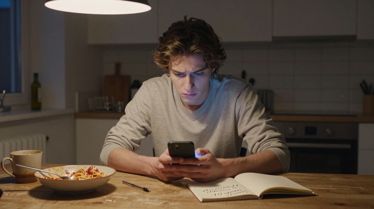Joven concentrado mirando su móvil en una cocina, con un cuaderno abierto y un plato de espaguetis sobre la mesa.