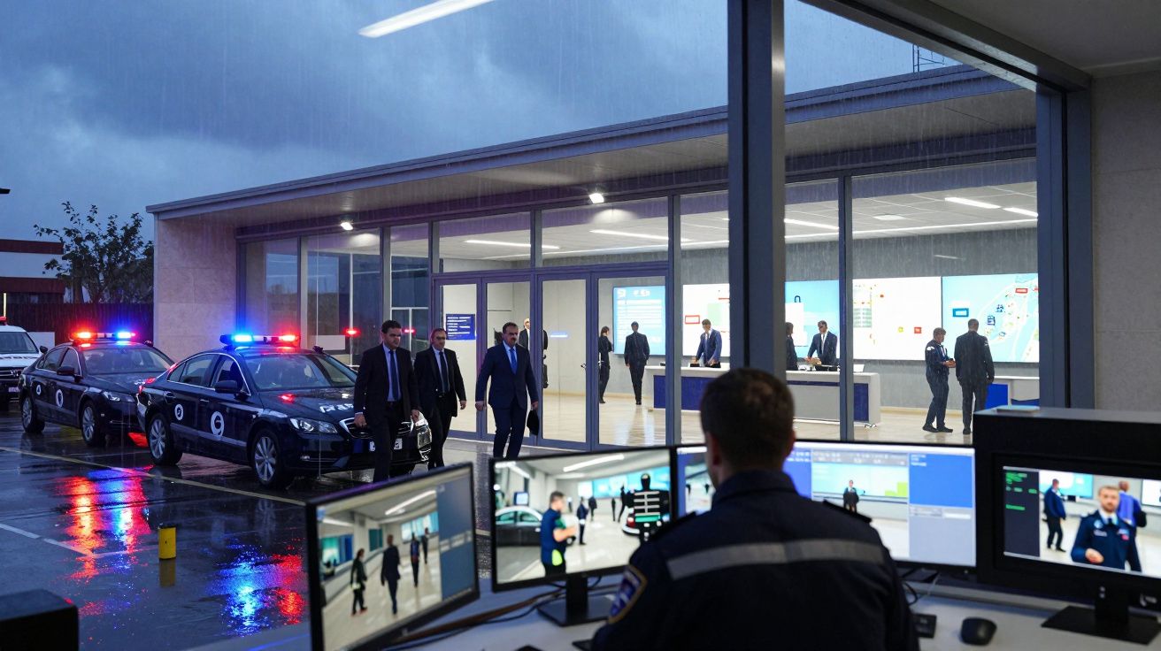 Oficina de seguridad con policía monitoreando cámaras y coches patrulla afuera bajo la lluvia. Personas entrando al edificio.