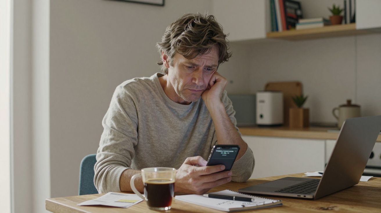 Hombre pensativo revisa su teléfono en una cocina, con un café, portátil, y notas en la mesa.
