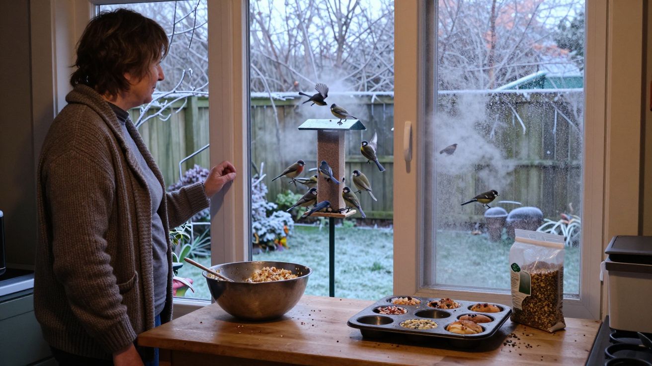 Mujer observa pájaros en el comedero al otro lado de la ventana mientras prepara comida en una cocina con vistas al jardín ne