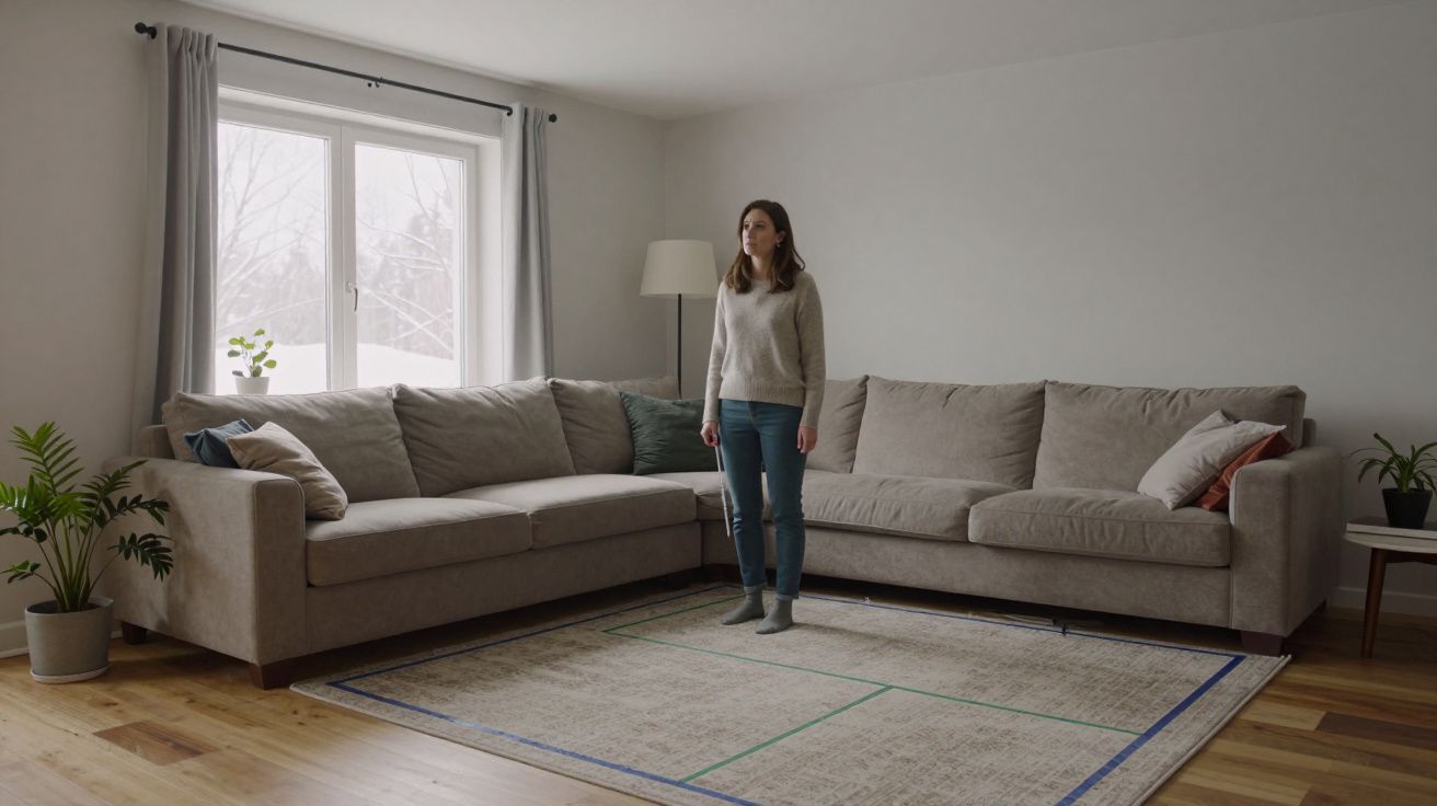 Una mujer de pie en una sala de estar con dos sofás beige, plantas y una gran ventana.
