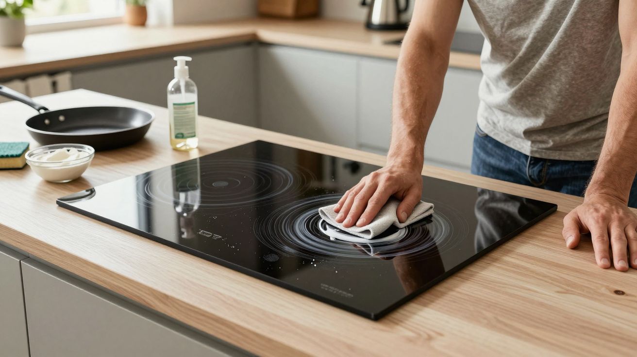 Persona limpiando una placa de inducción con un paño en una cocina moderna.